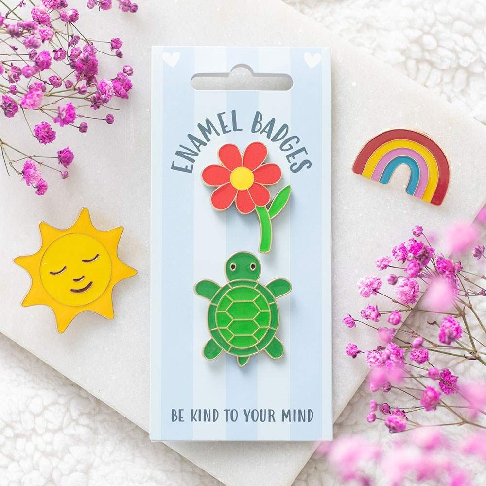 Something Different - Set of 2 Turtle and Flower Pin Bouton broche - Multicolore